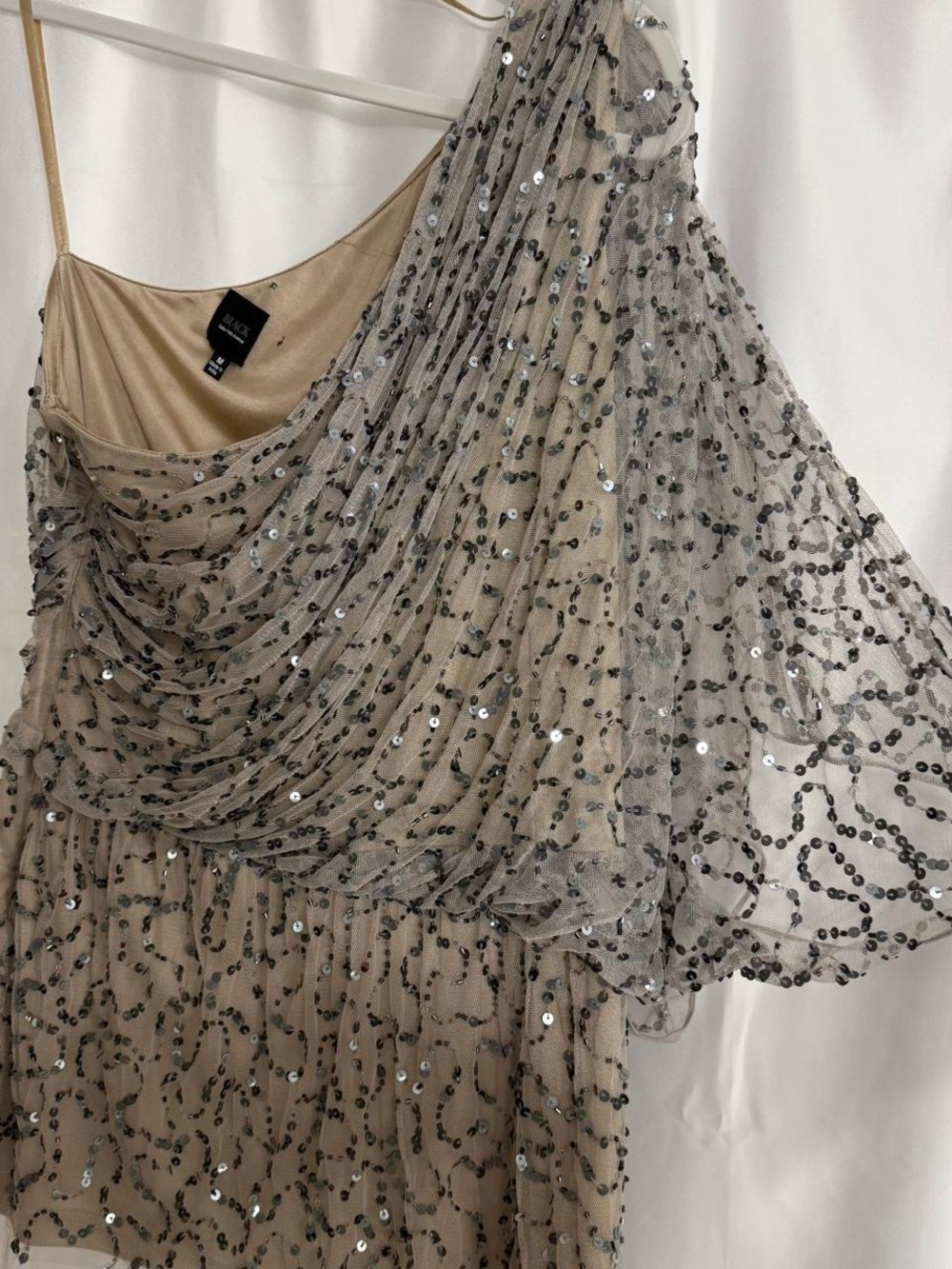 Saks Fifth Avenue Nude and Silver One-Shoulder Sequin Draped Top